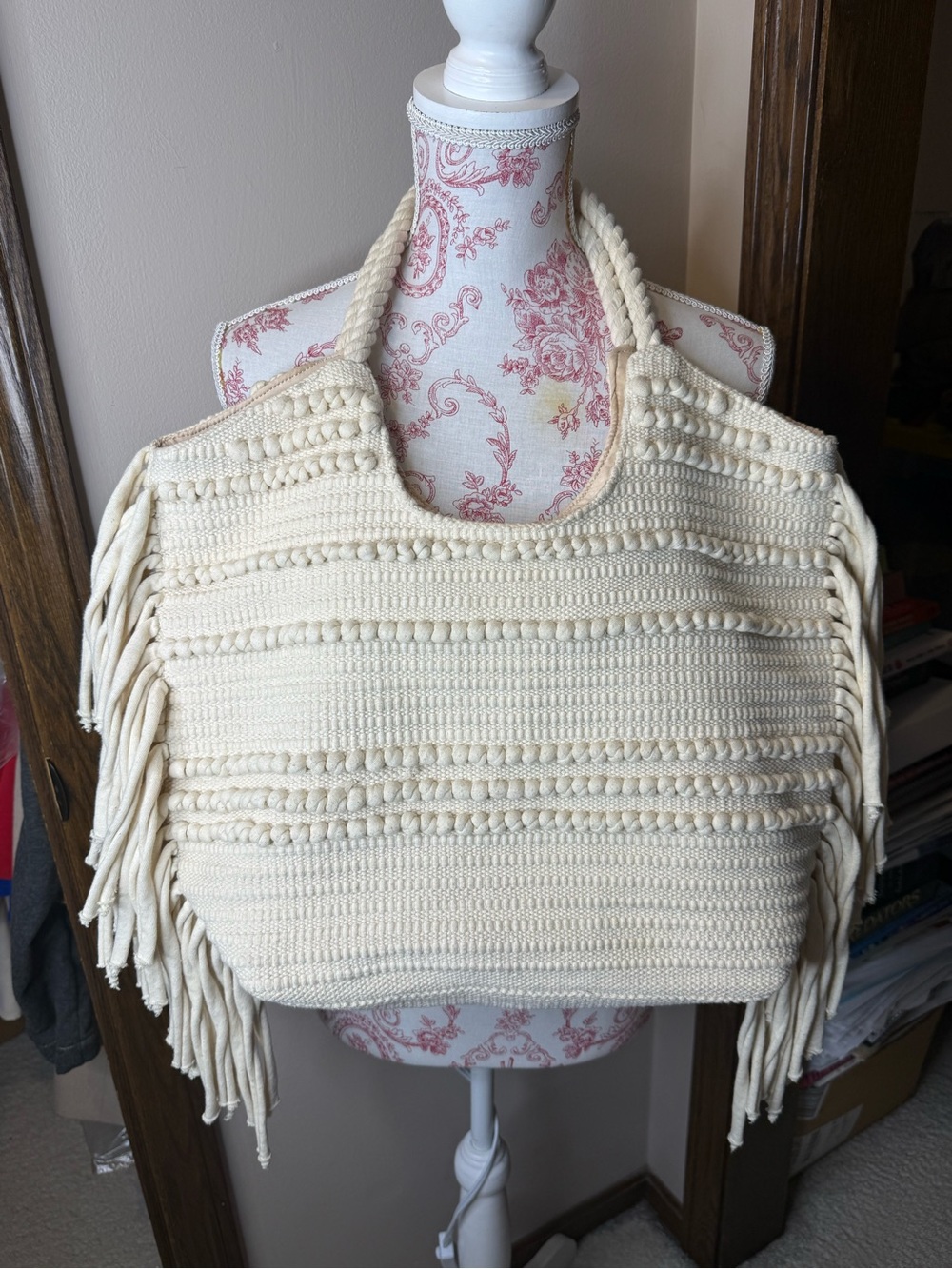 H&M Cream Macramé Fringe Boho Tote Shoulder Bag